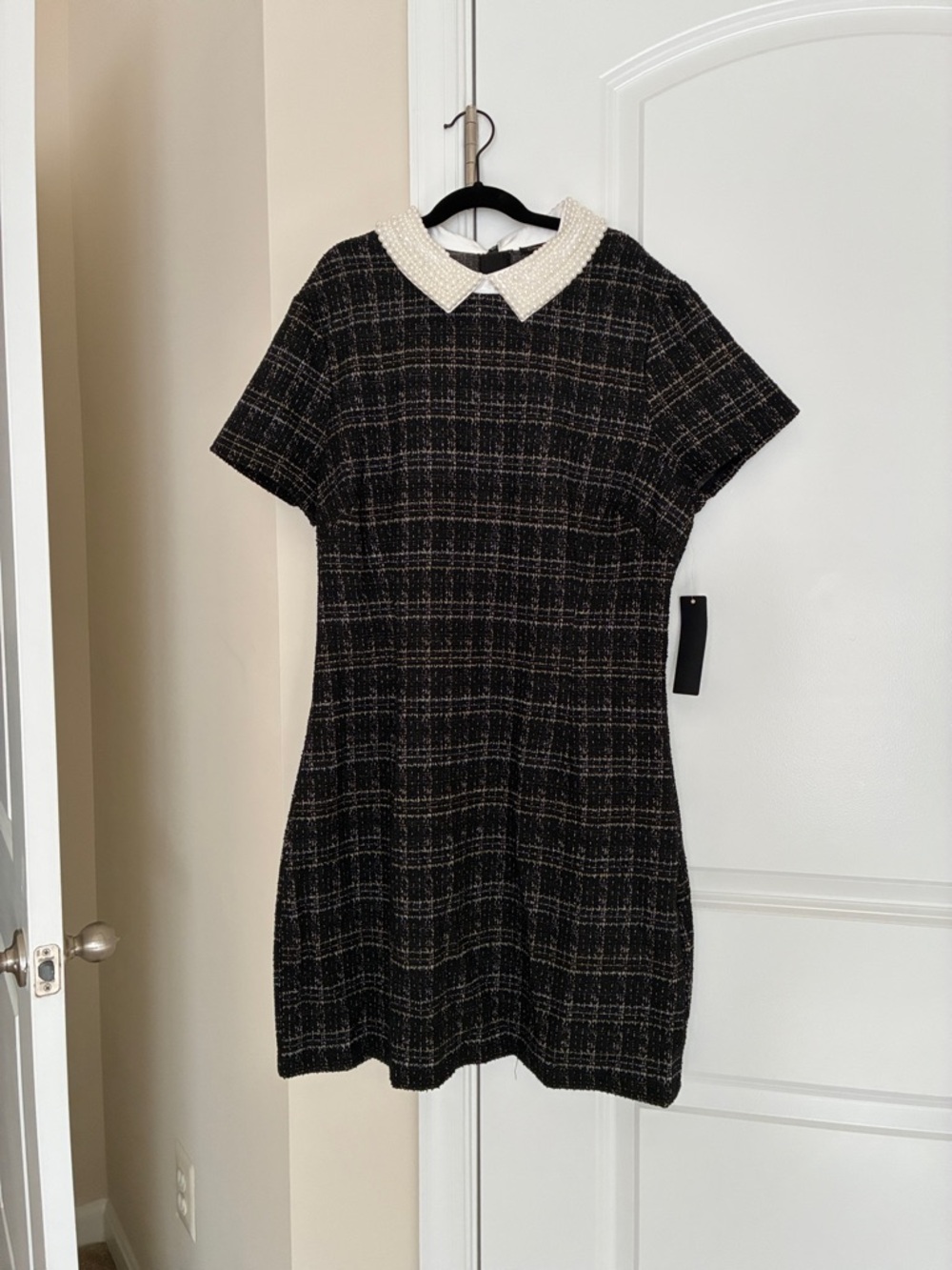 City Triangles Black Plaid Tweed Mini Dress with Pearl Collar